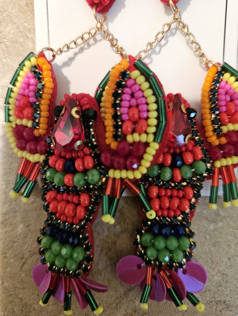 Colorful Beaded Lobster Drop Earrings - Red, Pink, Green - Picture 4 of 4